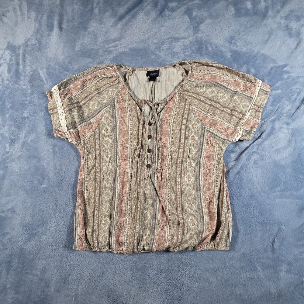 Daytrip Women’s Medium Boho Floral Stripe Peasant Blouse Crochet Trim